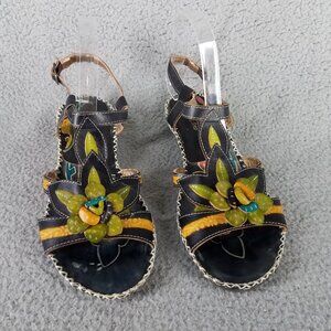 Spring Step Sandals Size EU 40 US 9 Floral Art Colorful Black 2" Heel Summer